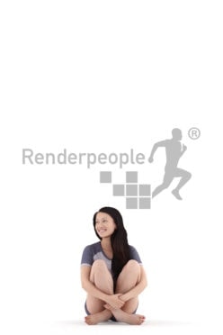 Posed 3D People model for renderings – asian woman in shorty pyjama, sitting and smiling