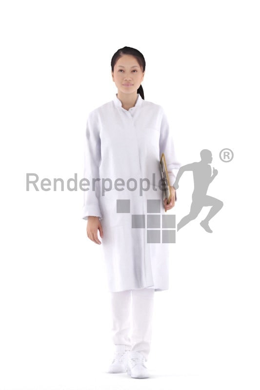 Scanned human 3D model by Renderpeople – asian woman in doctors outfit, walking and holding a clipboard