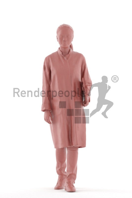 Scanned human 3D model by Renderpeople – asian woman in doctors outfit, walking and holding a clipboard