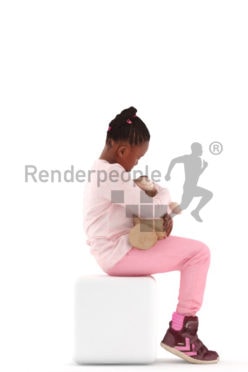 3d people casual, black 3d kid sitting and playing with her teddy
