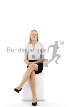 3d people business, white blond 3d woman sitting having her legs crossed