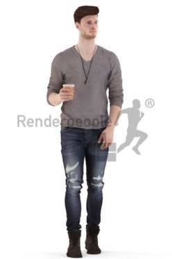 3d people casual, jung man walking and drinking coffee