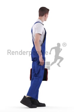 3d people worker, white 3d man standing and holding a bag