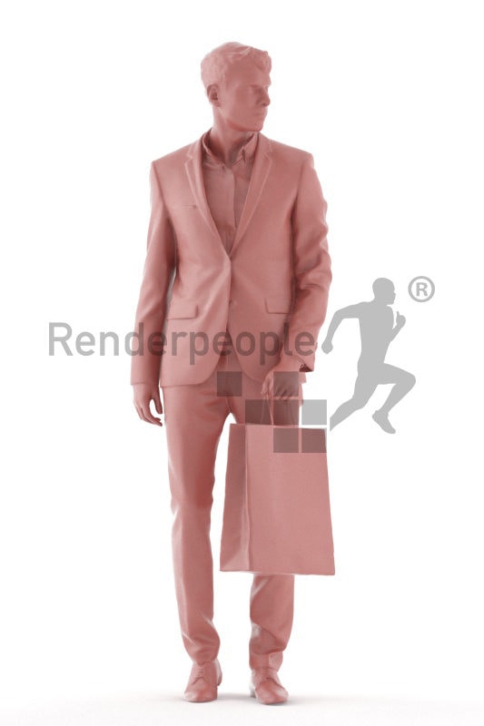 3d people business, white 3d man standing and holding a paperbag
