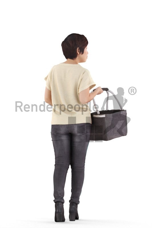 Posed 3D People model by Renderpeople – asian woman in daily outfit, walking with basket