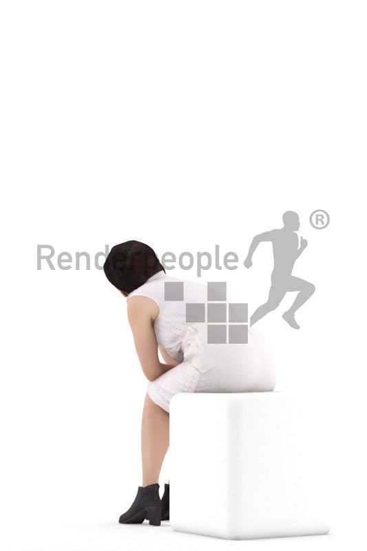 Posed 3D People model by Renderpeople – asian woman in business dress, sitting and listening