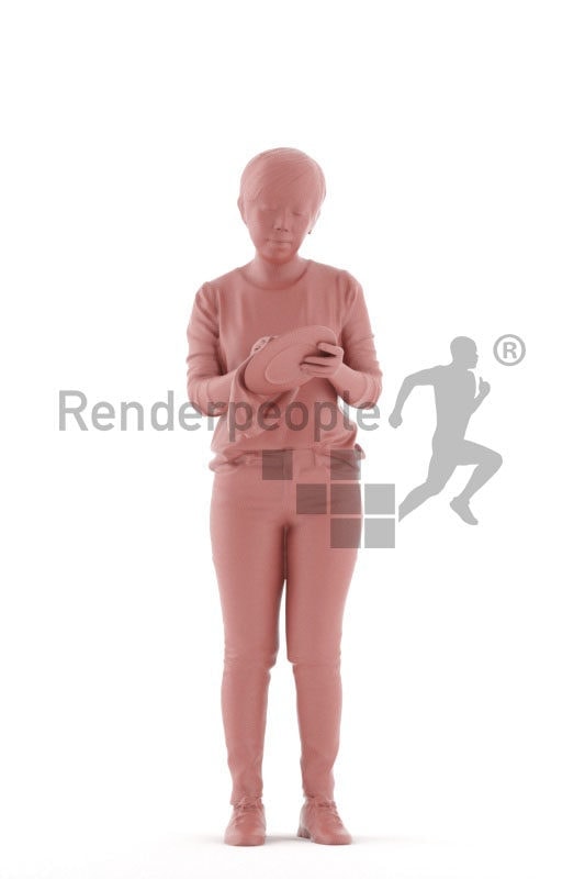 Scanned 3D People model for visualization – asian female in daily outfit, standing and drying dishes