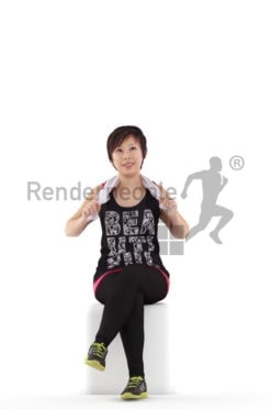 Posed 3D People model for renderings – asian woman in sports outfit, with towel, sitting