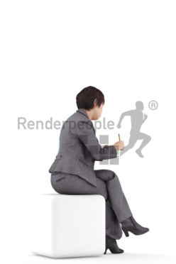 Posed 3D People model by Renderpeople – asian woman in business clothes, sitting and writing