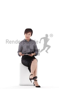 3D People model for 3ds Max and Cinema 4D – asian woman in business look, sitting and reading something on the clipboard