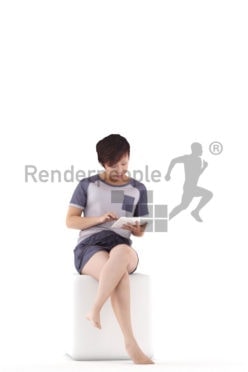 Posed 3D People model for visualization – asian woman in sleepwear, using a tablet