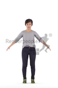 Rigged and retopologized 3D People model, asian woman, casual,