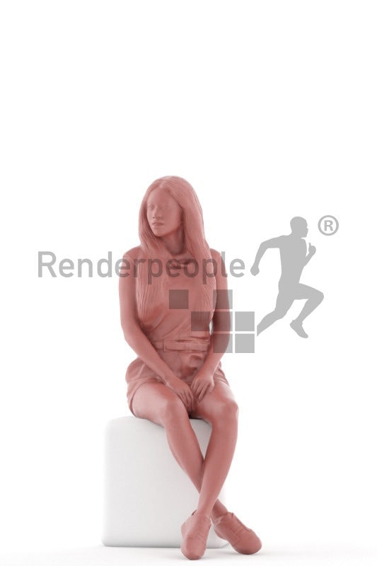 Scanned 3D People model for visualization – black woman in casual summer look, sitting and waiting