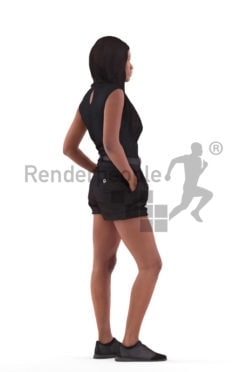 Scanned 3D People model for visualization – black woman in casual summer look, standing and waiting