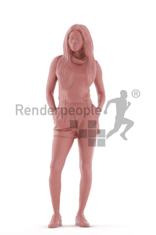Scanned 3D People model for visualization – black woman in casual summer look, standing and waiting