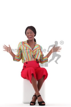 Posed 3D People model for visualization – black female in casual freetime outfit, sitting, amazed