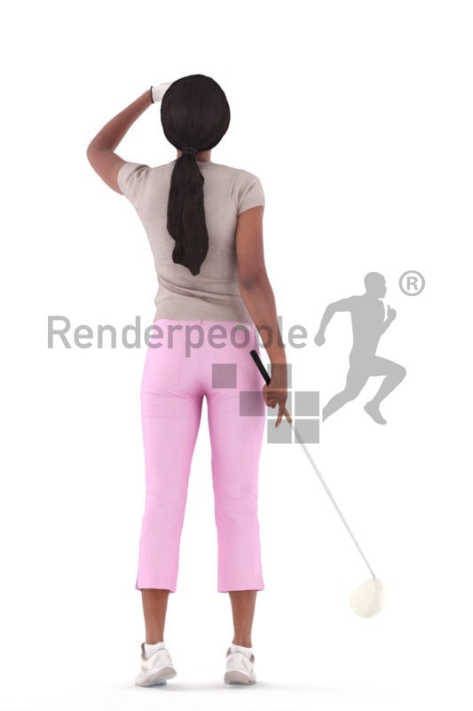 Photorealistic 3D People model by Renderpeople – black woman in sporty golf outfit, standing and watching the ball