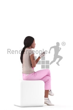 Photorealistic 3D People model by Renderpeople – black woman in gymwear, sitting and talking