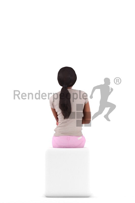 Photorealistic 3D People model by Renderpeople – black woman in gymwear, sitting and talking