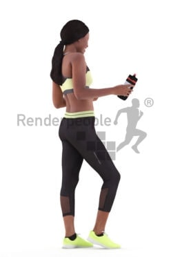 Photorealistic 3D People model by Renderpeople – black woman in gymwear, standing and holding a bottle, communicating