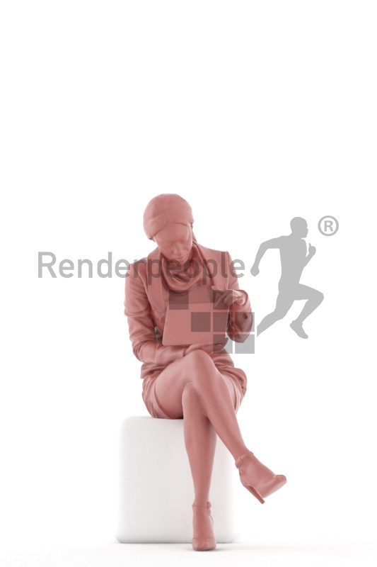 3D People model for 3ds Max and Cinema 4D – black woman in business look, checking something on the tablet, sitting