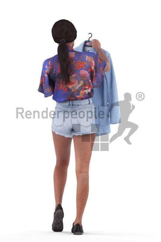 Photorealistic 3D People model by Renderpeople – black woman in smart casual outfit, looking for a jacket