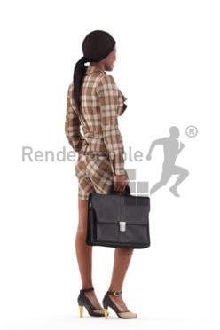 Photorealistic 3D People model by Renderpeople – black woman in smart casual look, standing with a business bag