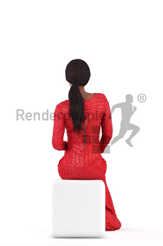 Posed 3D People model for renderings – black woman in long red event dress, sitting