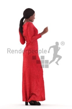 Posed 3D People model for renderings – black woman in long red event dress, dancing