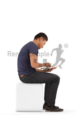 3d people casual, asian 3d man sitting and reading