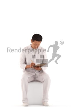 3d people service, laboratory asian 3d man sitting and taking notes