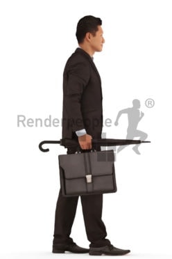 3d people business, asian 3d man walking and holding a briefcase