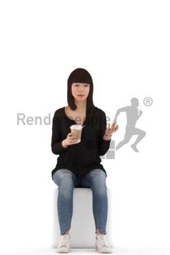 3d people casual, asian 3d woman sitting,drinking coffee and talking