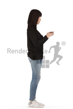 3d people casual, asian 3d woman standing and texting