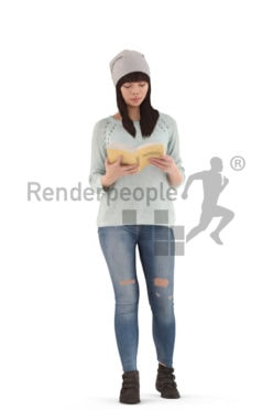 3d people casual, asian 3d woman standing reading a book