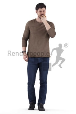 3d people casual, white 3d man standing and eating