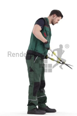 Photorealistic 3D People model by Renderpeople – eurpean man in workwear, using a hedge trimmer