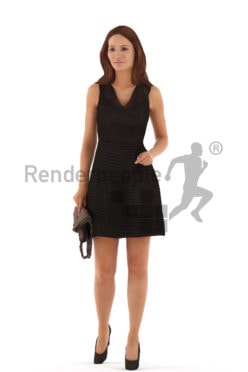 3d people event, white 3d woman walking holding a clutch
