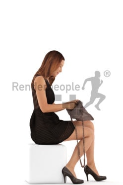3d people evening, white 3d woman sitting, looking in her clutch