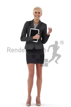 3d people business, white friendly looking 3d woman holding a tablet and talking