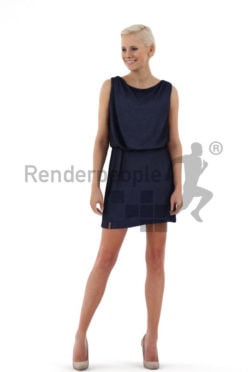 3d people event, white friendly looking 3d woman in a stylish blue dress