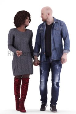 3d people couple and groups, white black 3d human walking