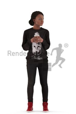 3d people casual, black 3d woman standing and drinking coffee