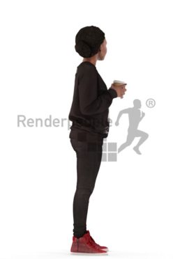 3d people casual, black 3d woman standing and drinking coffee
