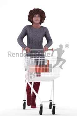 Scanned human 3D model by Renderpeople – black woman in daily winter outfit, walking with a shopping cart