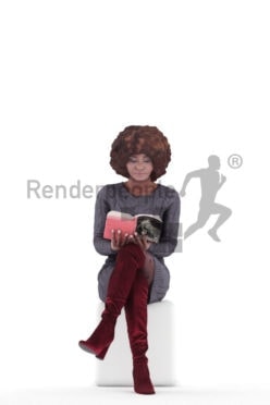 3d people casual, black 3d woman sitting and reading