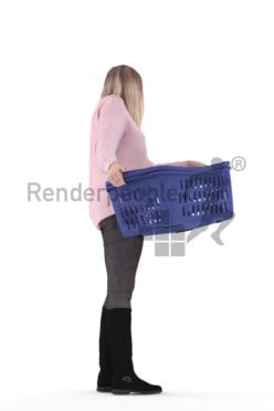 3d people casual, 3d white woman, standing with laundry basket