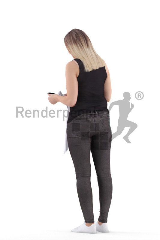 3d people casual, 3d white woman, standing and drying dishes