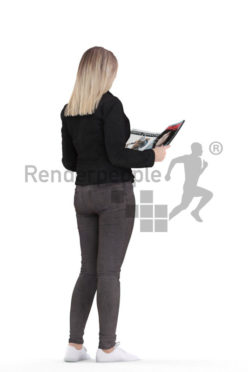 3d people casual, 3d white woman, standing and reading something