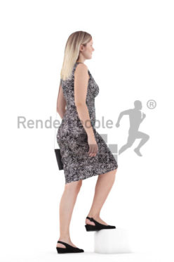 Posed 3D People model for renderings – white woman with event dress, walking upstairs